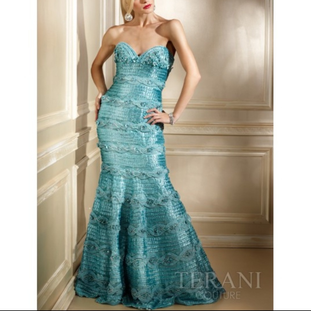 Terani Couture Turquoise Designer Strapless Mermaid Dress with Crystals NWT